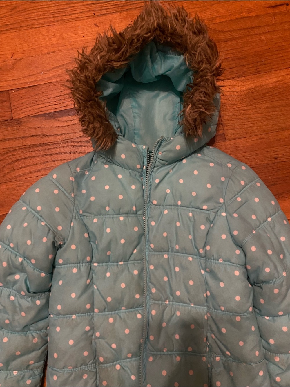 1989 Place Aqua Polka Dot Puffer Jacket with Faux Fur Hood